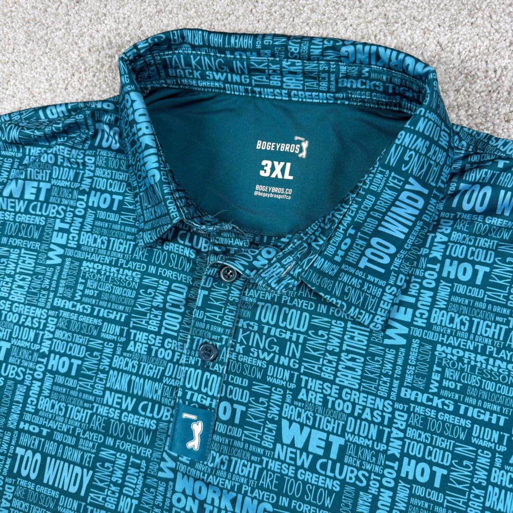 Bogey Bros Golf Polo Shirt Mens 3XL Teal Blue Typography Print Stretch